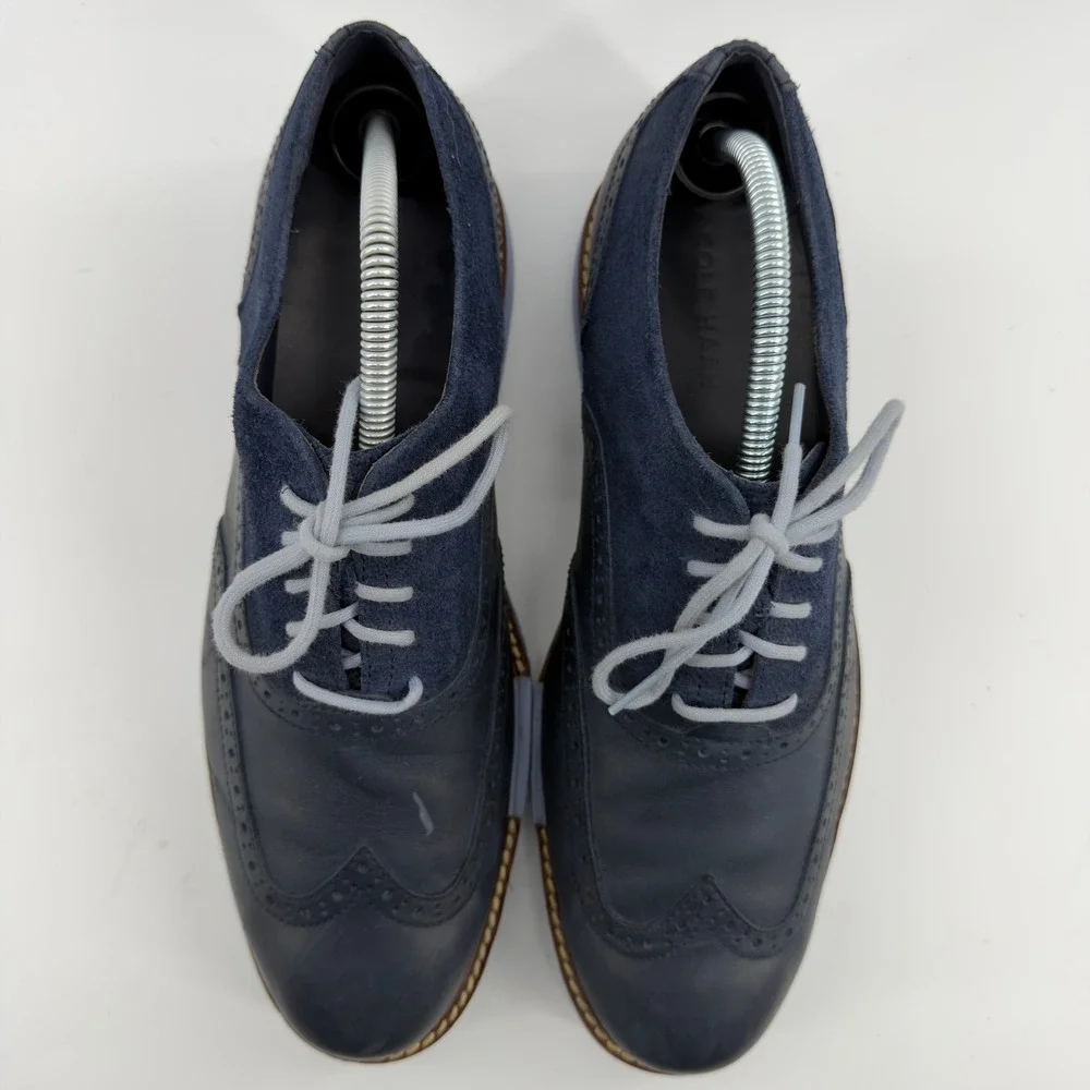 Cole Haan Lunargrand Wingtip Oxford Navy Blue Leather Suede Mens 9.5 M